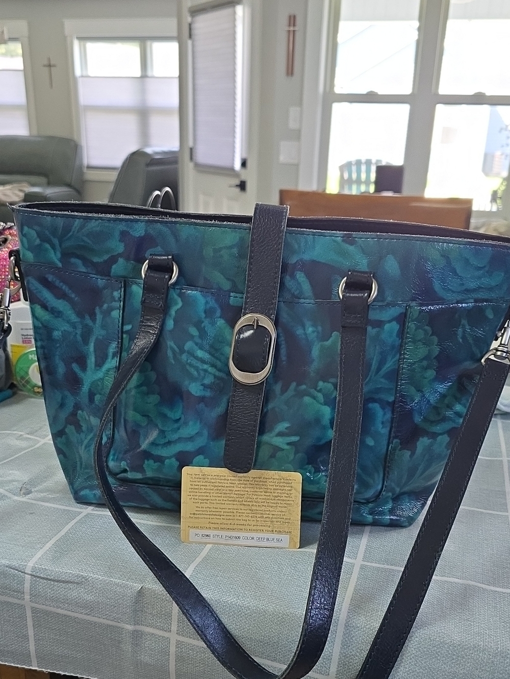 Patricia Nash, Blue Teal Floral Tote Bag with Navy Trim